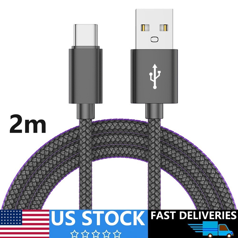 2m USB-A to USB-C Cable Fast Charger lot PD Nylon Cord For Android Samsung Black