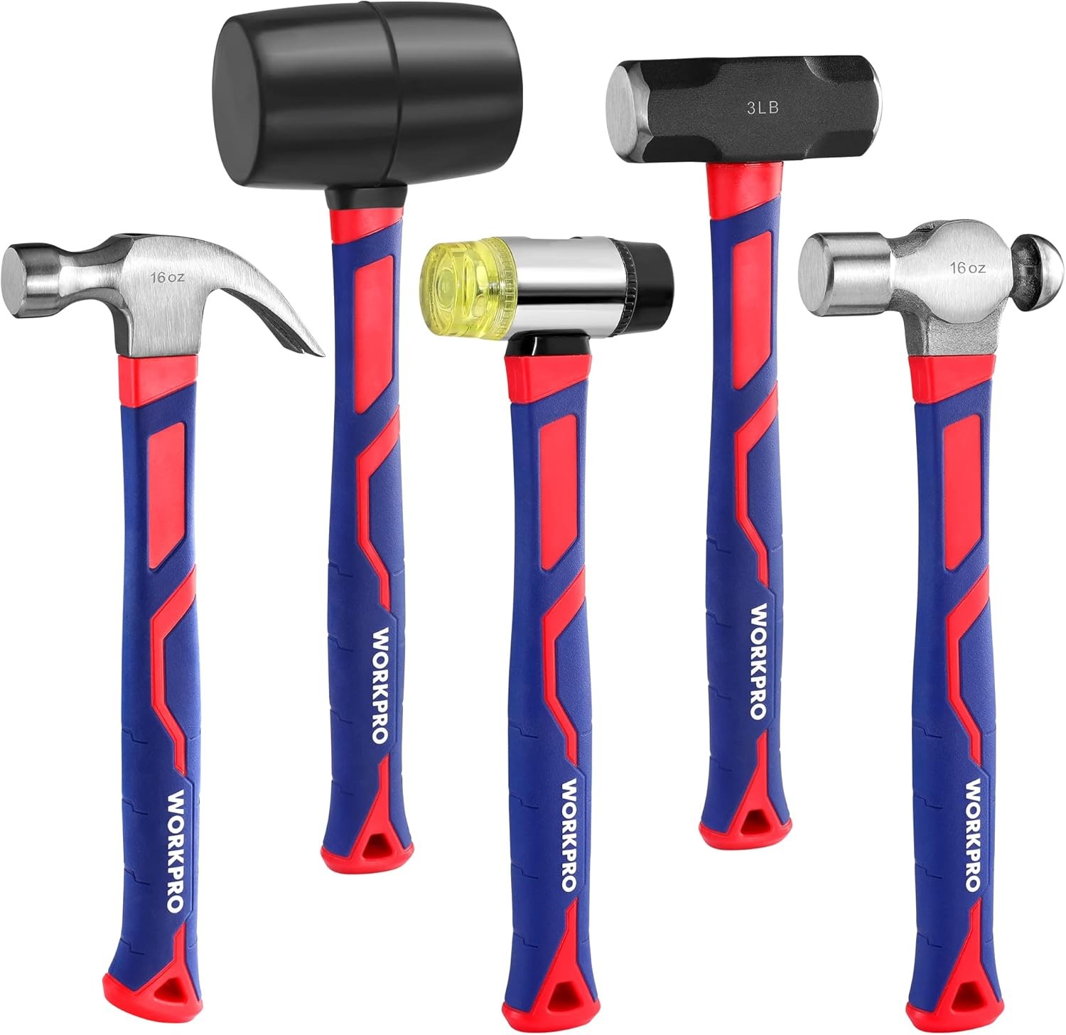 5-Pc Hammer Set: Rubber Mallet, Claw, Ball-Peen, Sledge