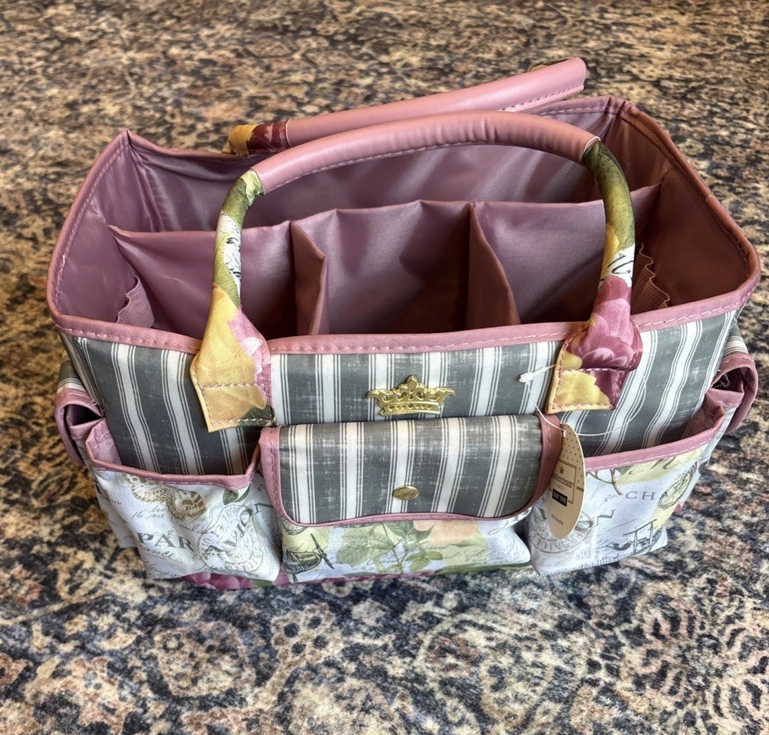 Storage Craft Bag Multi-Organizer 13x8x7” Pink Floral Striped Butterflies