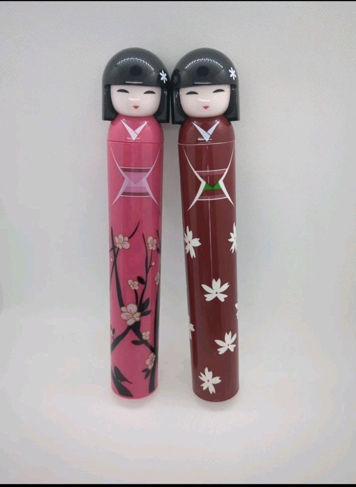 Set Of 2 KOKESHI DOLL UMBRELLA Hot Pink& Burgundy Hard Case Geisha Japanese Lady