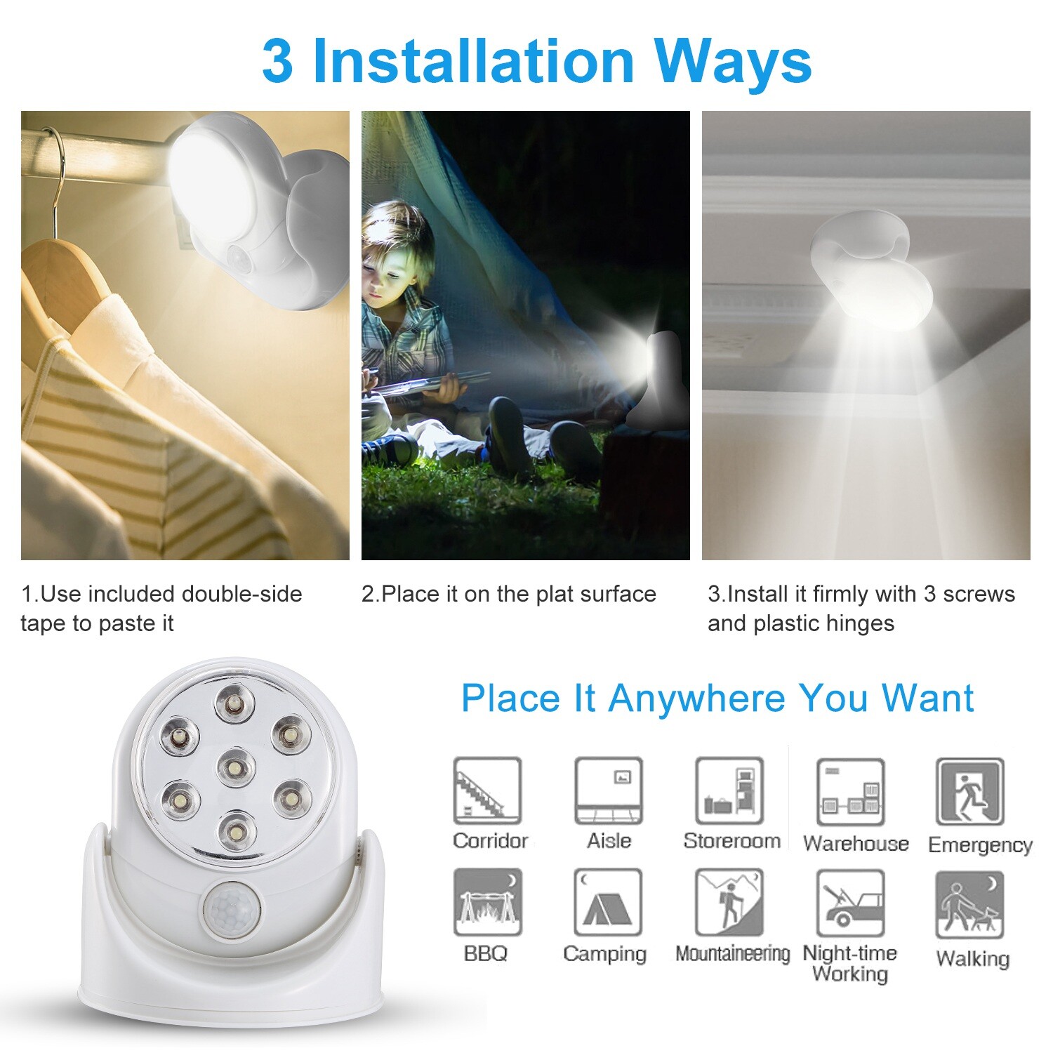 Adjustable 7LED Motion Activated Sensor Cordless Light Indoor Outdoor Patio Wall