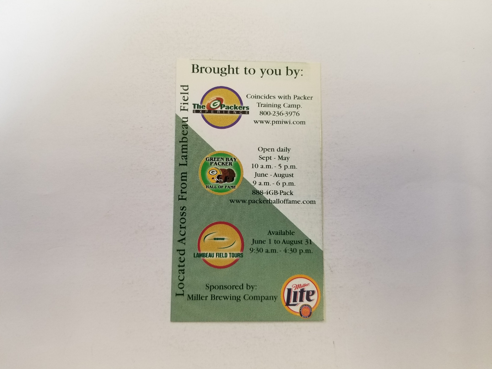 Green Bay Packers 2000 NFL Football Pocket Schedule - Miller Lite Hall of Fame