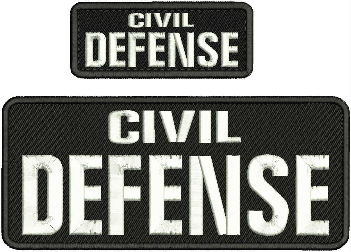CIVIL DEFENSE EMBROIDERY PATCHES 4x10 AND 2x5 HOOK ON BACK WHITE ON BLACK