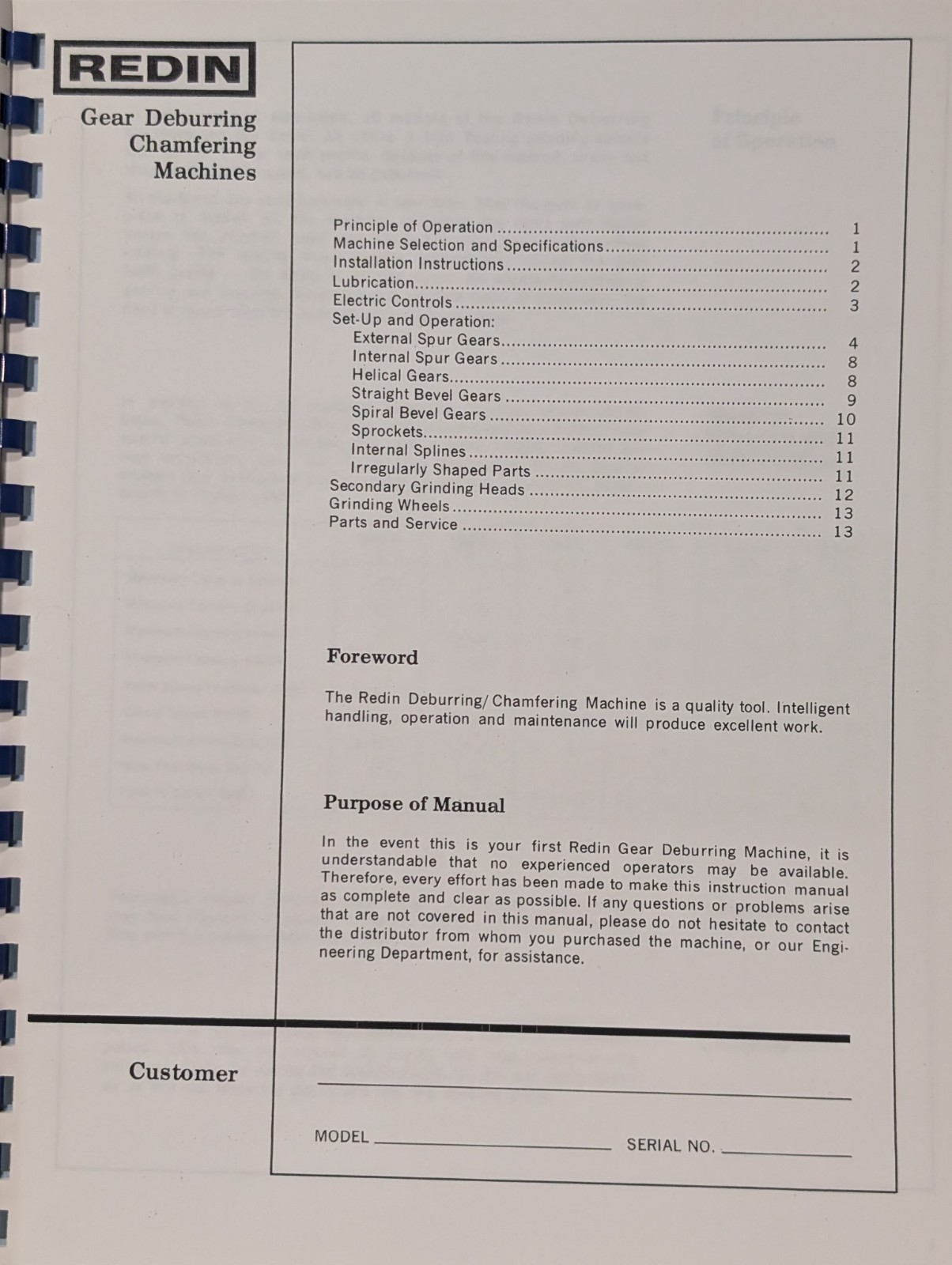 OF Redin Gear Deburring/ Chamfering Machine Installation, & Operation Manual