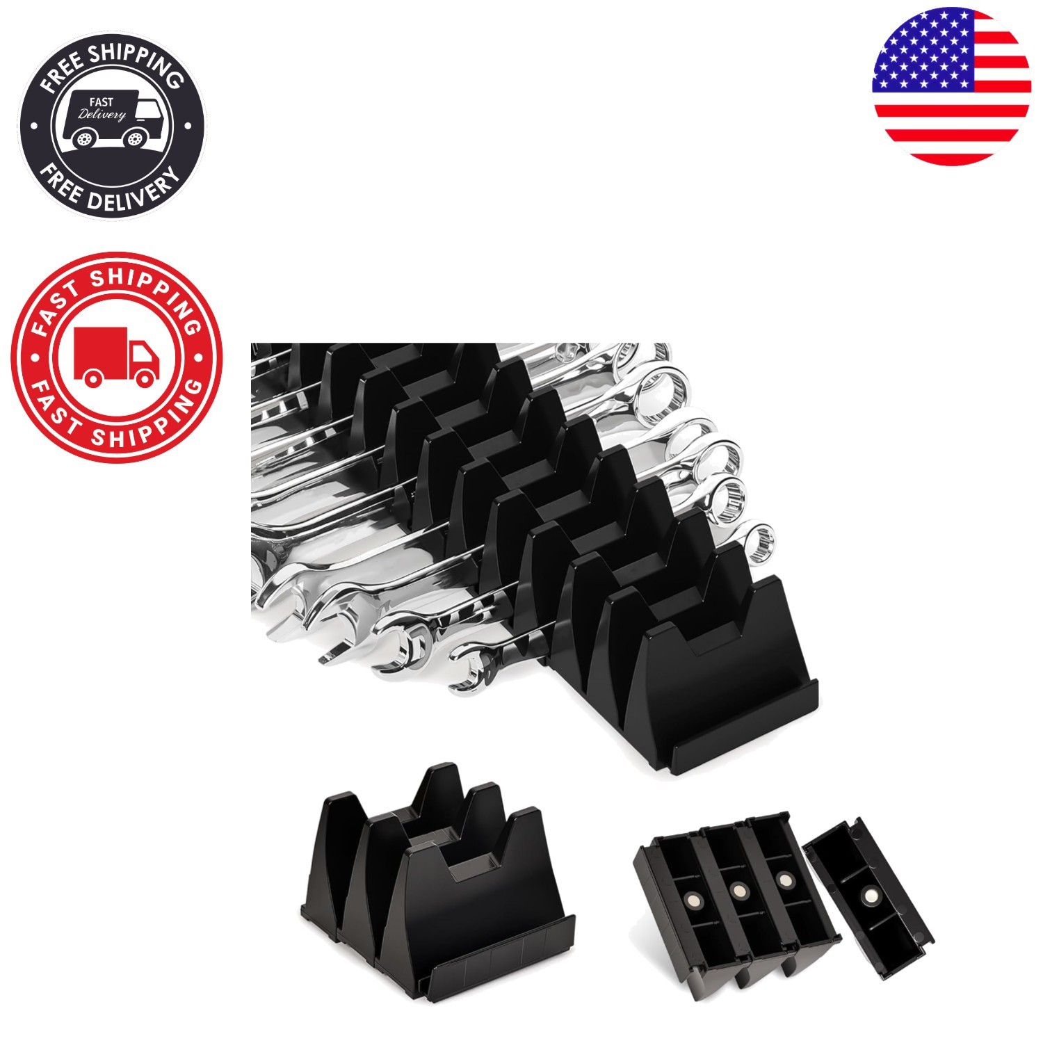 2-Piece Magnetic Modular Wrench Holder with Metric and SAE Labels for Efficiency