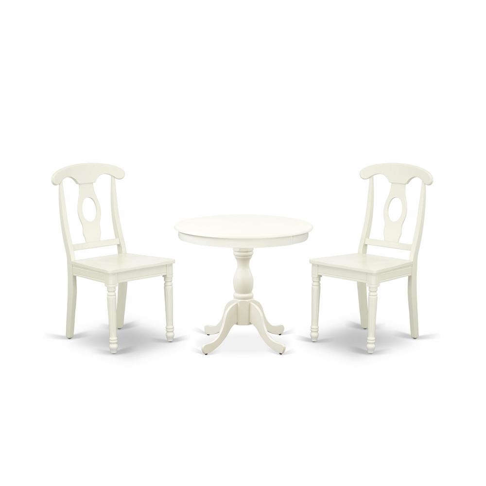 AMKE3-LWH-W 3 Piece Dining Set - 1 Pedestal Table and 2 Linen White Wooden...