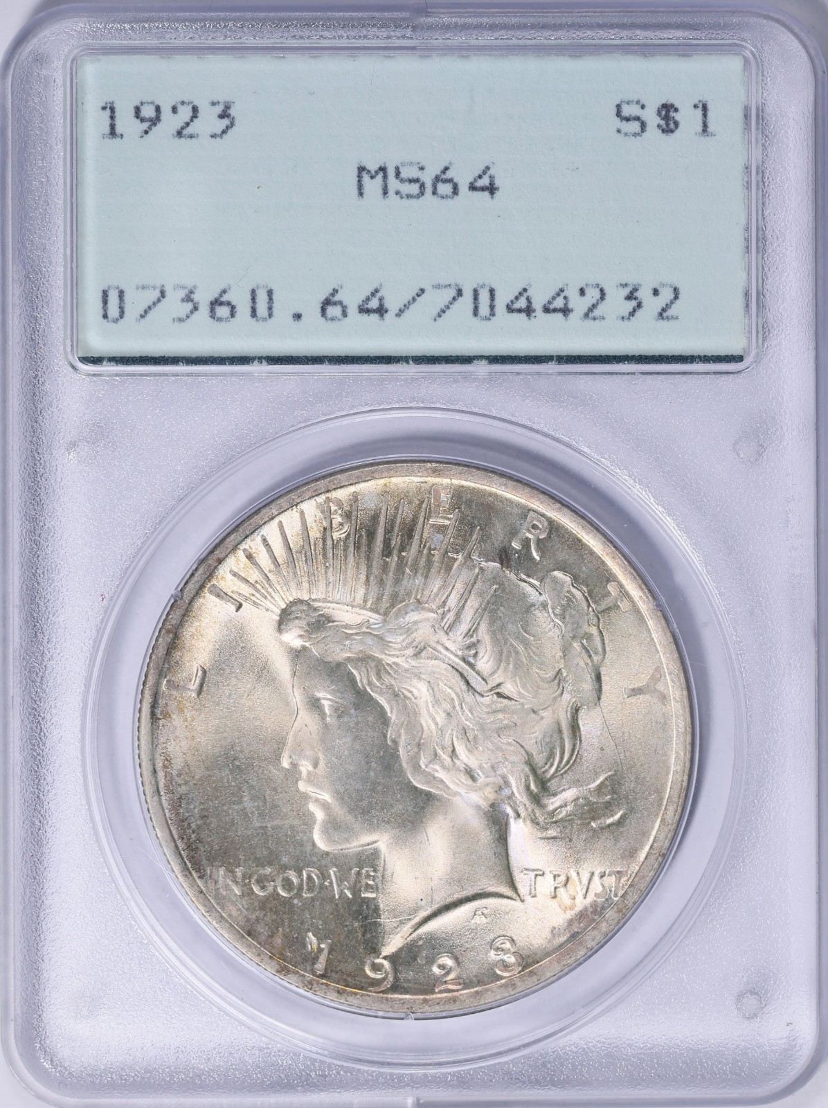💚1923 Peace Dollar PCGS MS64 OGH 1ST GEN RATTLER!!! NICELY TONED L👀K 😍💚