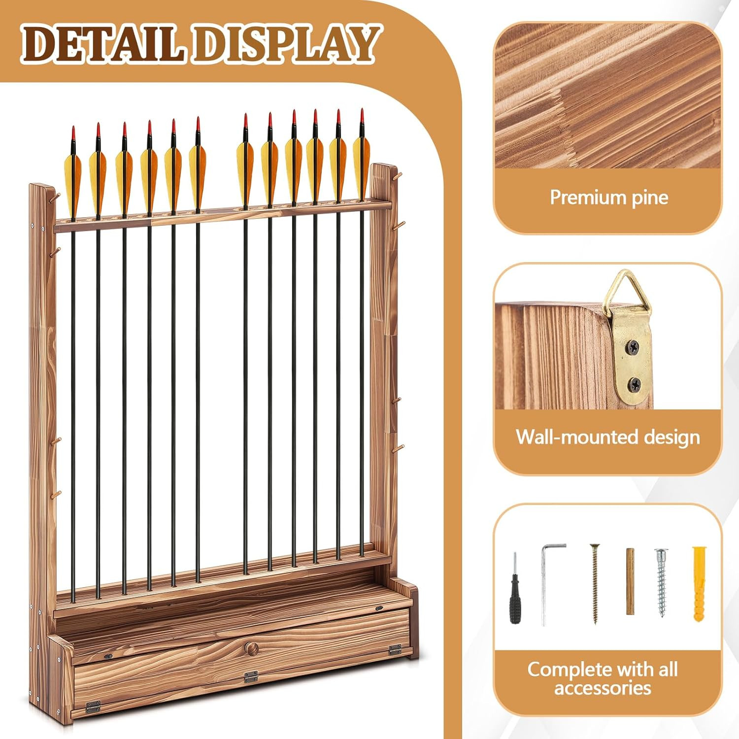 2 Bow and 12 Arrow Wall Mounted Display Rack Compound Solid Wood Arrow Holder, R
