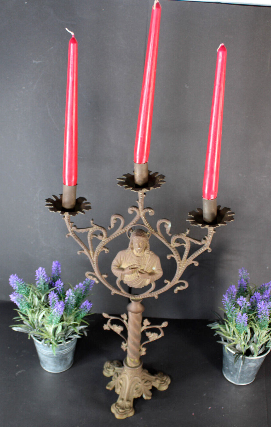 Antique bronze sacred heart christ candelabra candleholder 3 arms