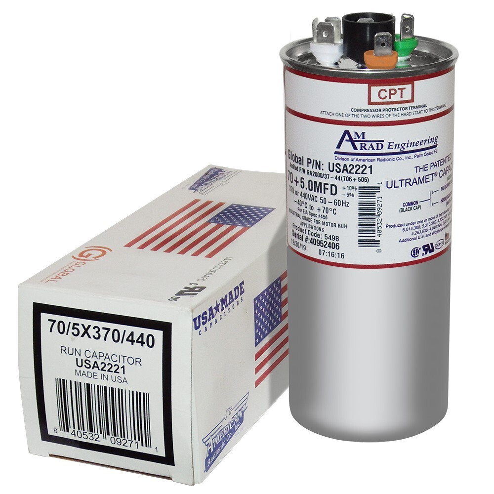 70 + 5 uf MFD 370 / 440 Volt OEM Amrad Run Capacitor USA2221 Made in USA