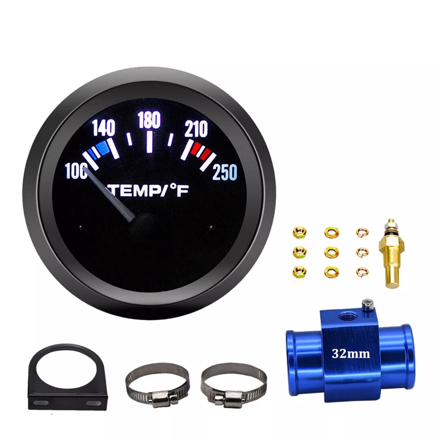 52mm Auto LED Water Temp Temperature Gauge Kit 100-250℉ 32mm Sensor Adaptor