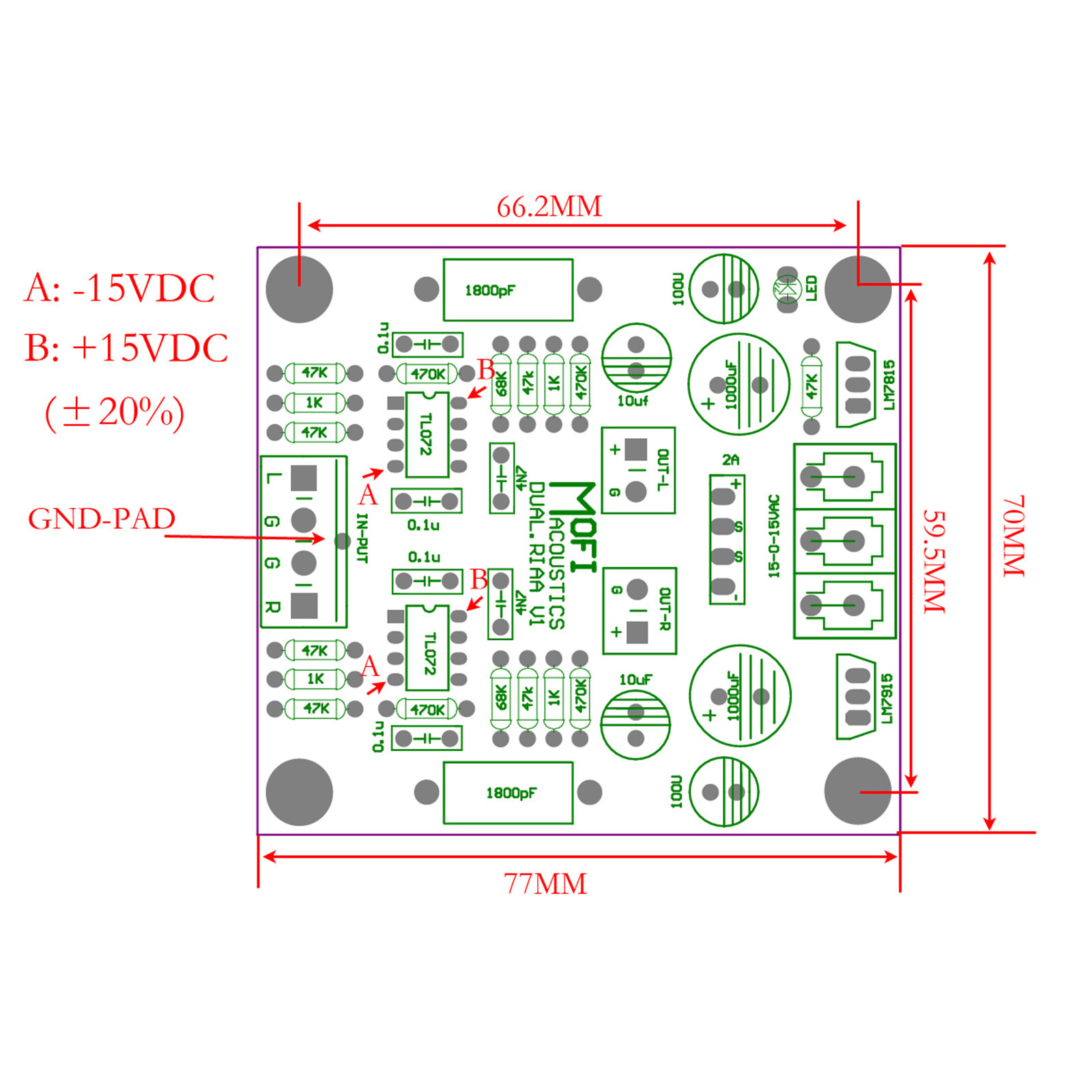1pc Dual-OP Phono Amplifier(MM) RIAA Finished Board