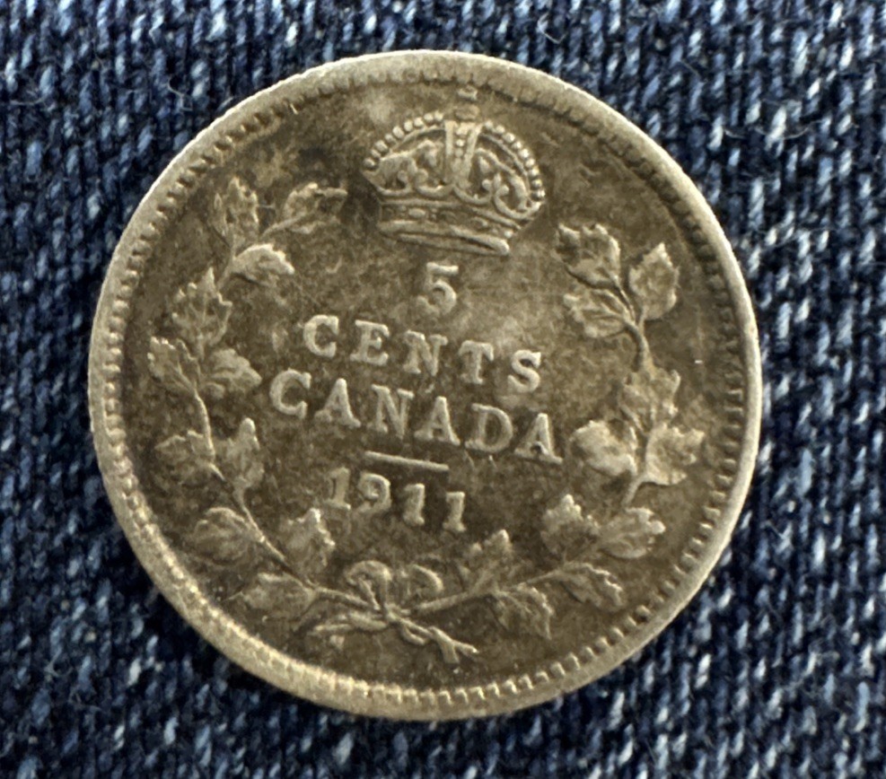 Antique Coin Canada 5 Cents 1911 Sterling Silver King George V. 925