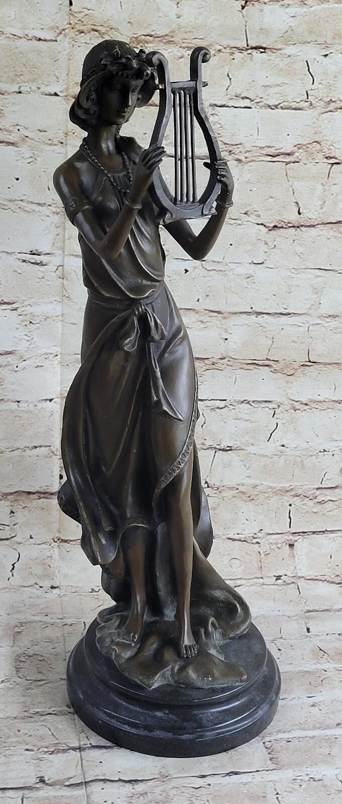 Victorian Style Gorgeous Lady Girl Woman Harp Player Bronze Figure Los wax