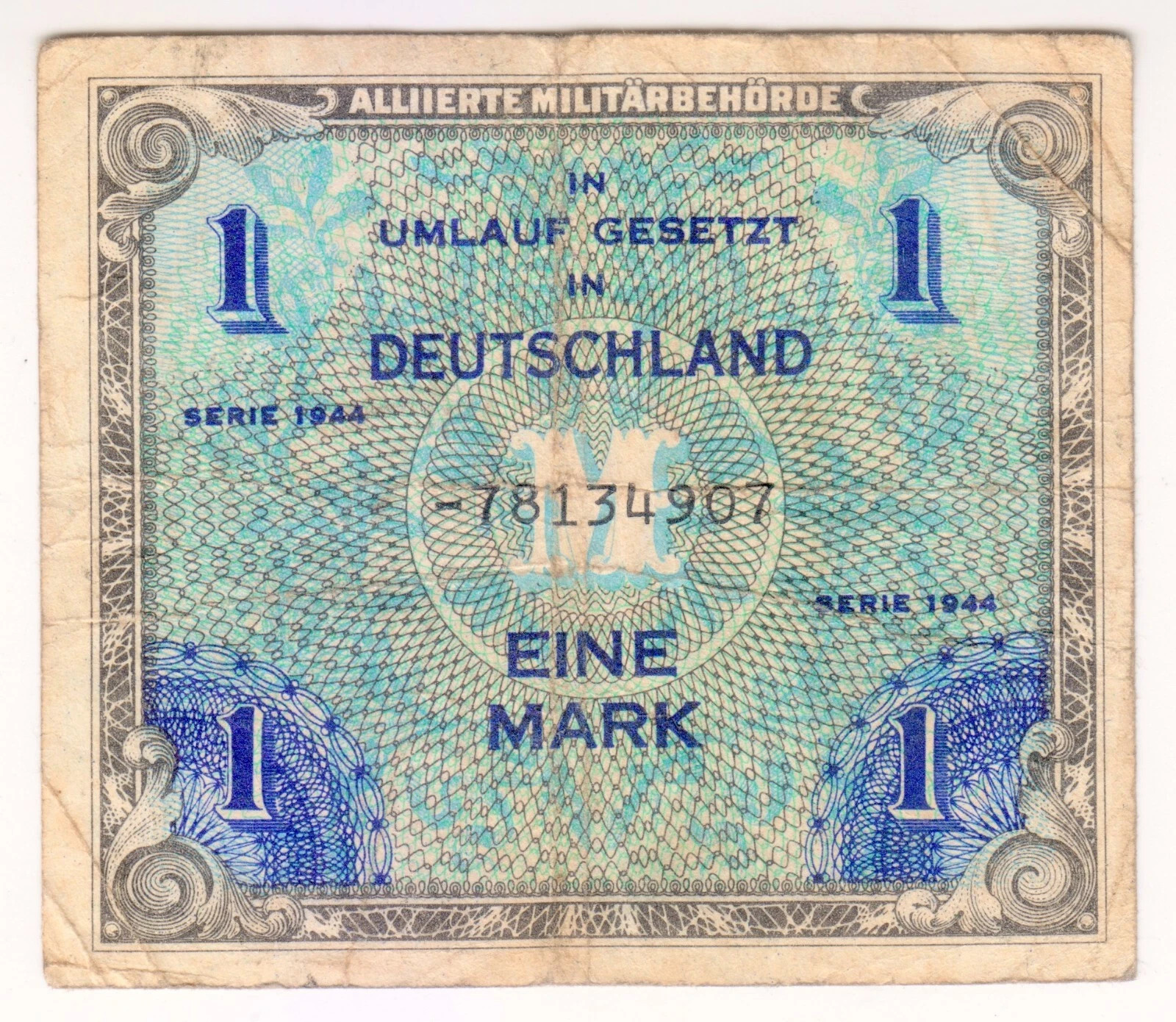 1944 Germany 1 Mark 78134907 Allied Occupation Paper Money Banknotes