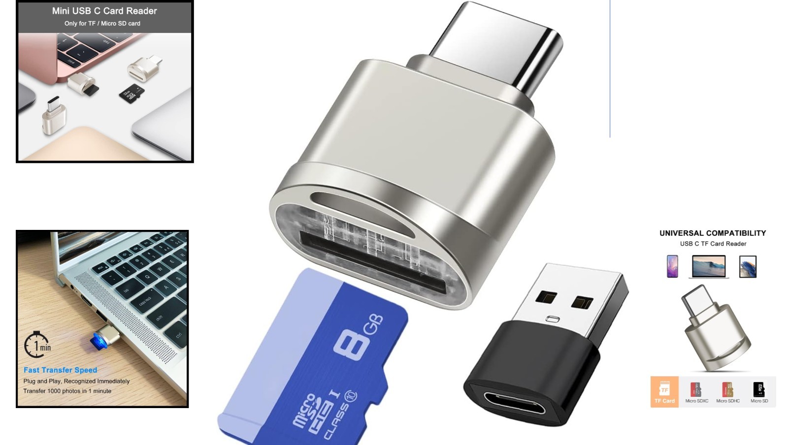 Portable Micro SD Card Reader for Laptops & Smartphones - USB C & USB Adapter