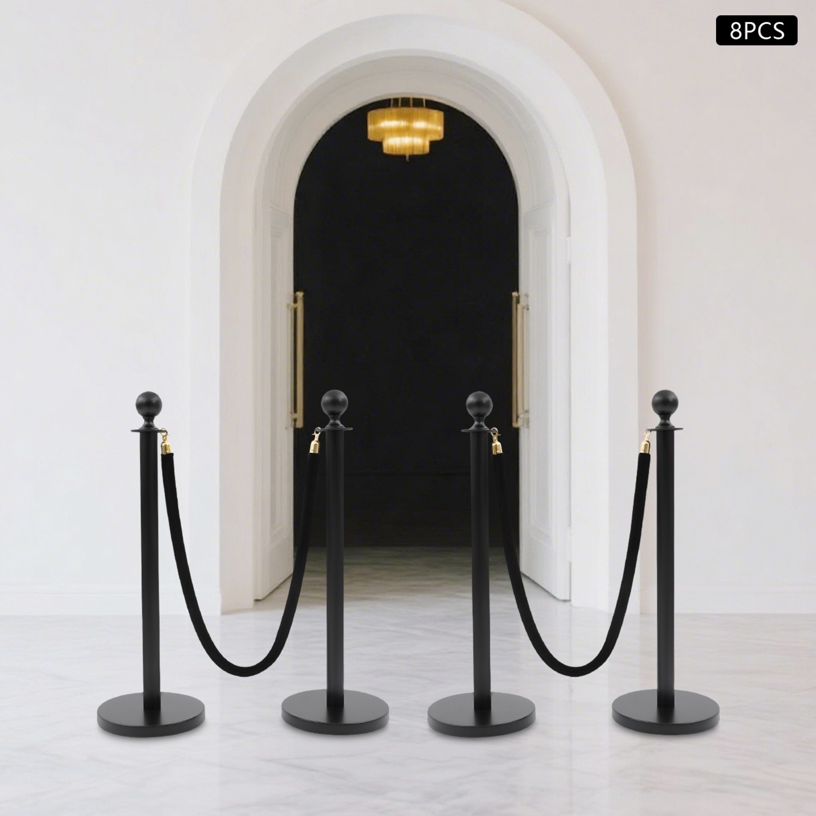 8 PCS Black Stanchion Posts Queue Pole with 4 1.5M Ropes Crowd Control Barrier