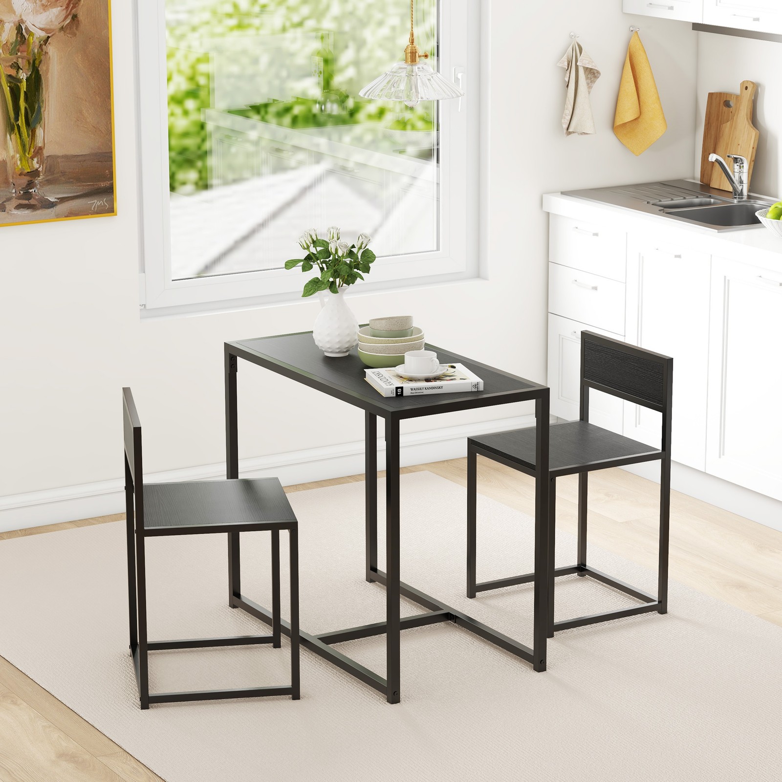 3-Piece Dining Room Set, Industrial Kitchen Table Set with Rectangular Table