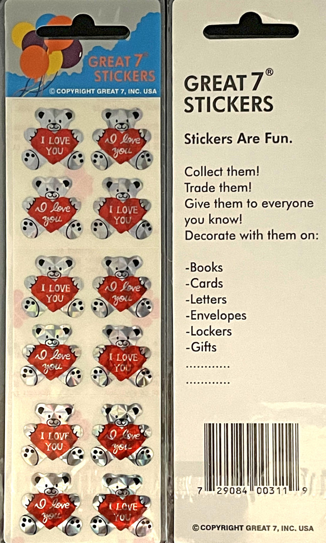 12 packages of Prismatic I love you Stickers, "Great 7" Sticker Designs, PPZ8901