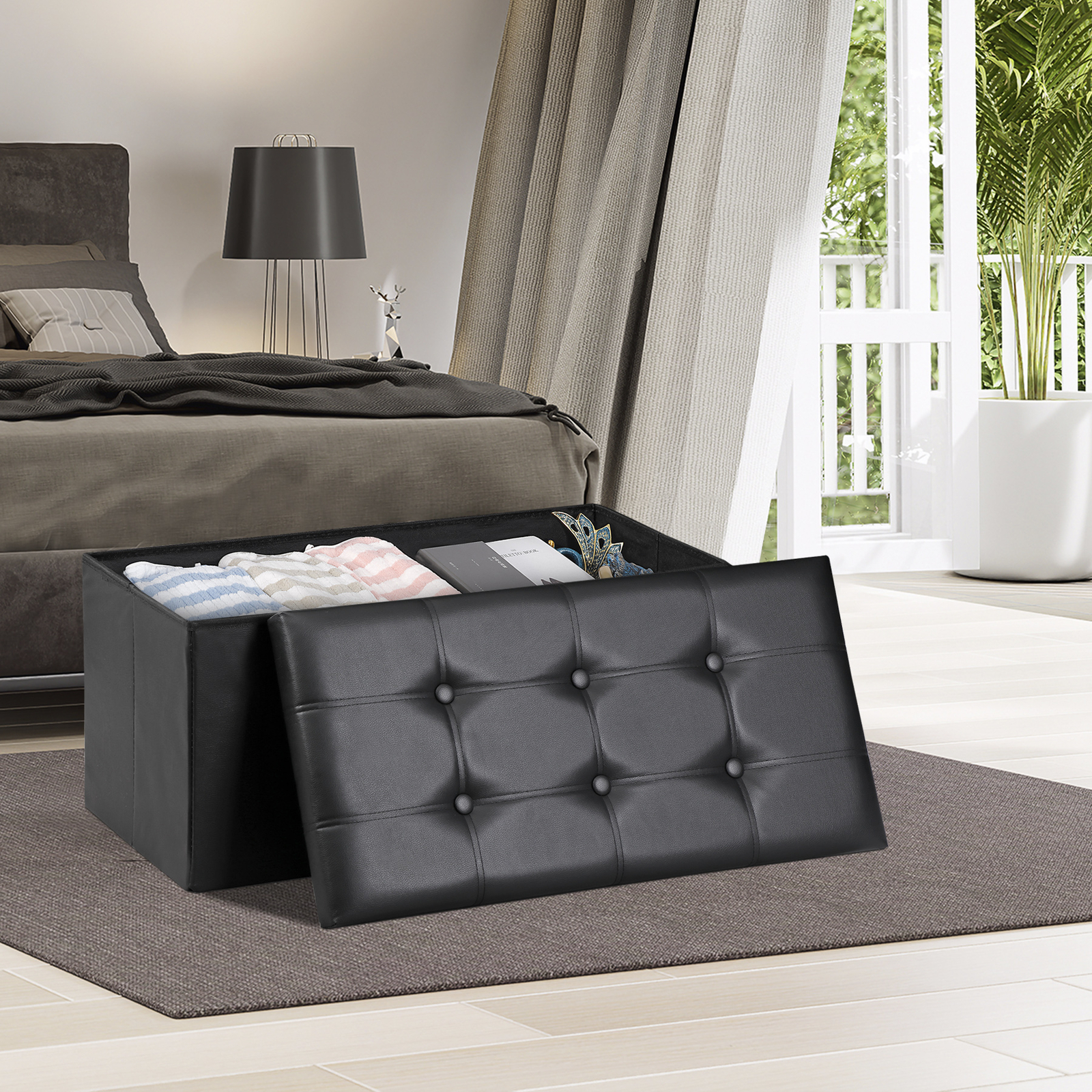 30" Folding Storage Ottoman Footstools MDF Frame Hallway Soft Seat Black