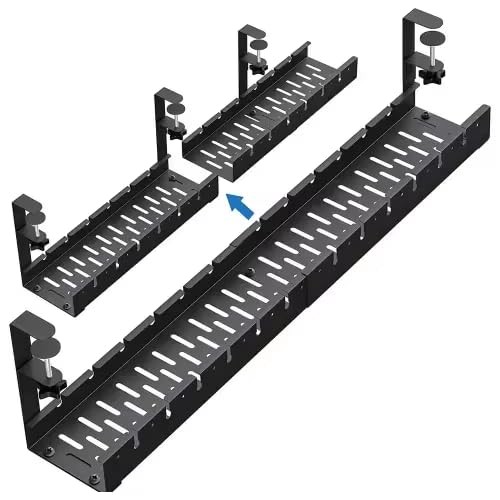 Under Desk Cable Management Tray – No Drill, Retractable Metal Cord Black