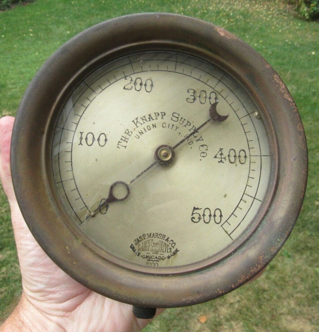antique steam gauge Jas. P. Marsh & Co Chicago 1900 The Knapp Supply LARGE BRASS