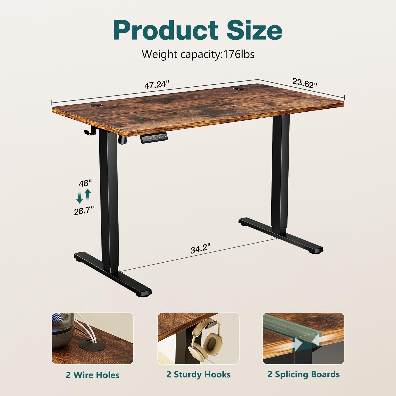 Rustic Brown 24x48" Adjustable Standing Desk with Cable Management