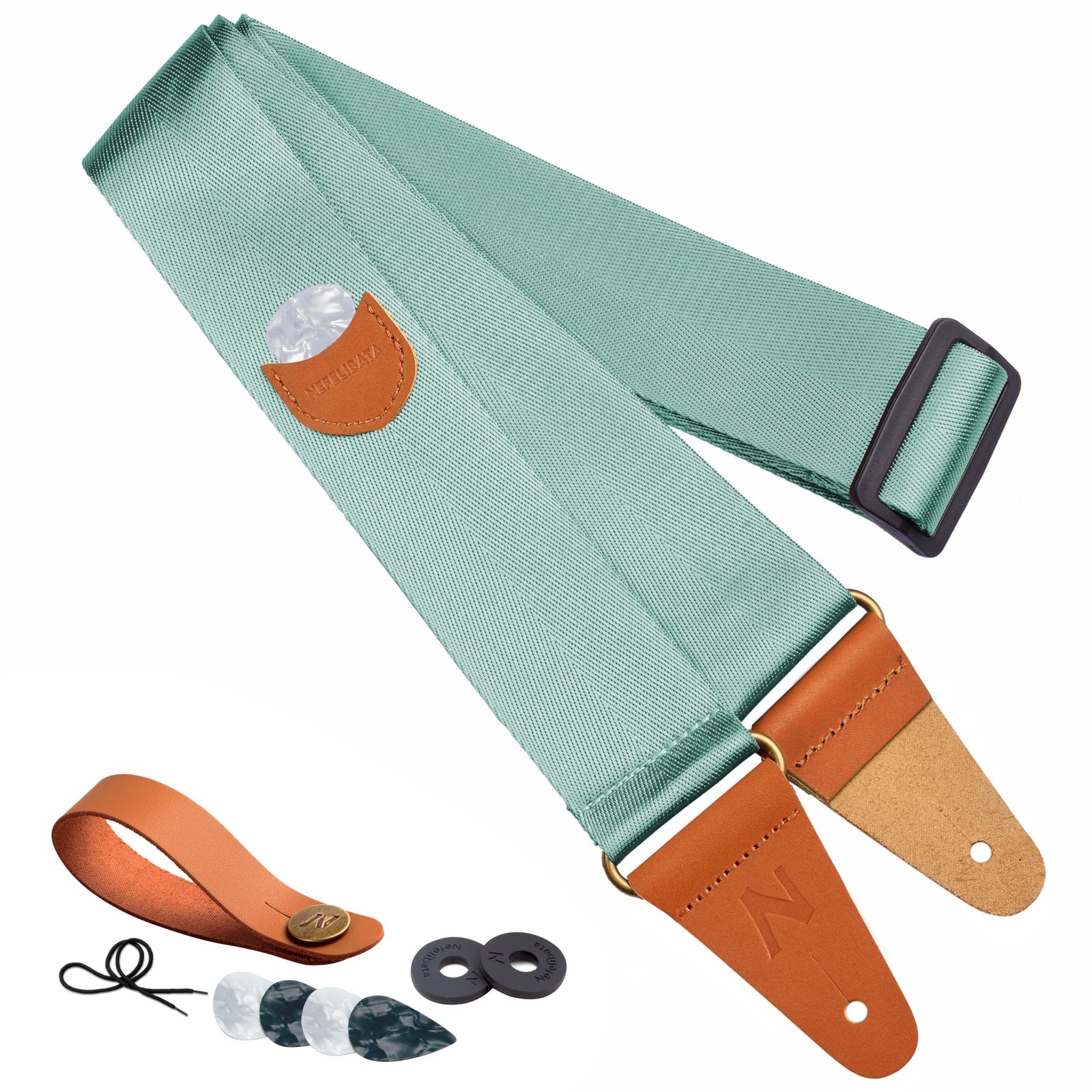 Nefelibata Guitar Strap with Pick Pocket, Vintage Nylon Full Grain Leather En...