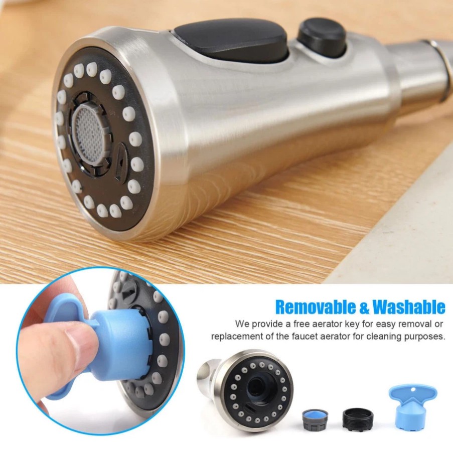Metal Kitchen Faucet Head Replacement, 3-Function Pull Down Spray Head