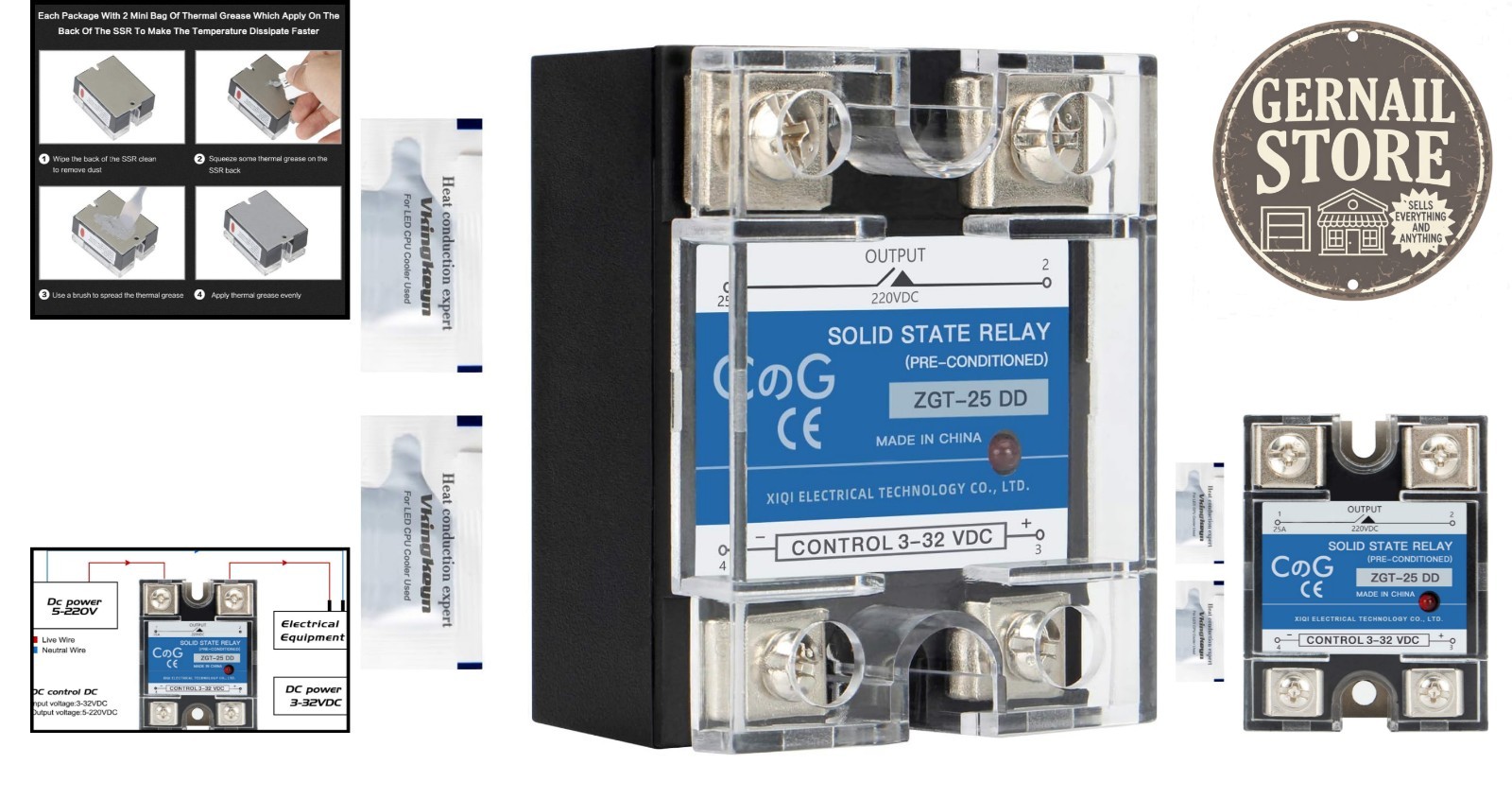 High-Performance SSR-25DD Solid State Relay, 25A with Thermal Grease Included