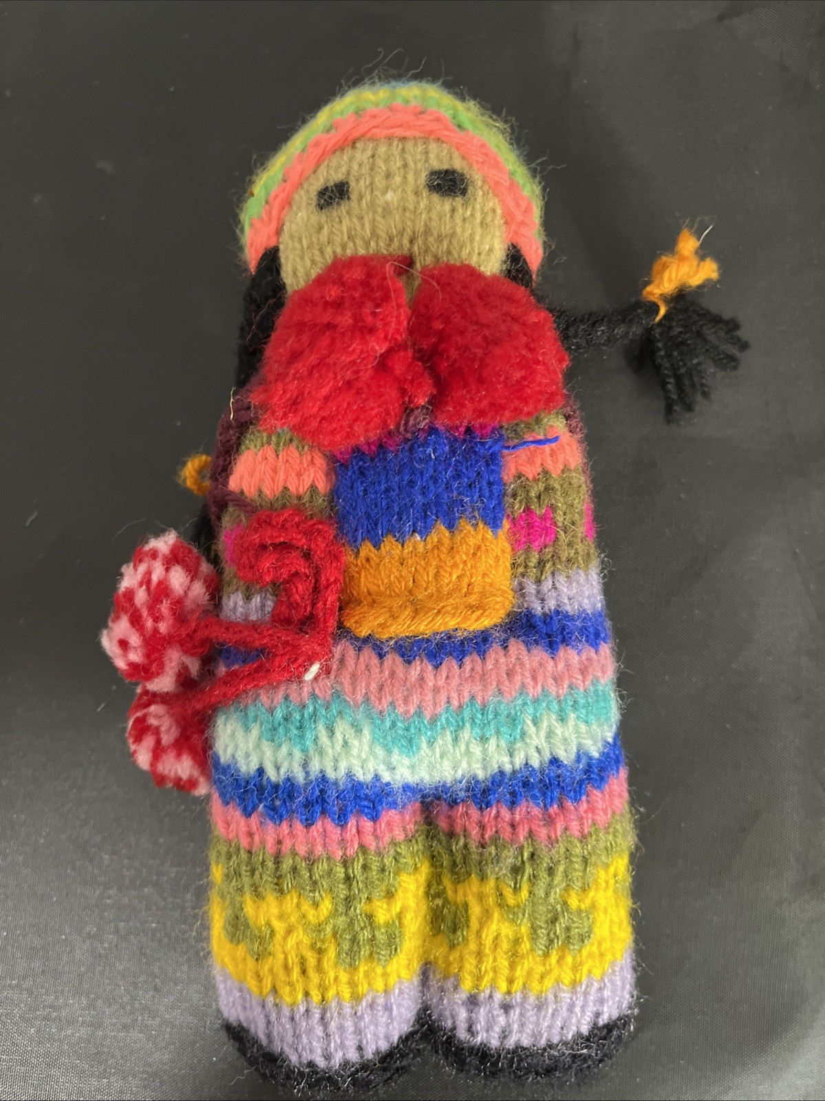 Peruvian Folk Art Doll Handcrafted Girl with Baby Knit Dress 8”