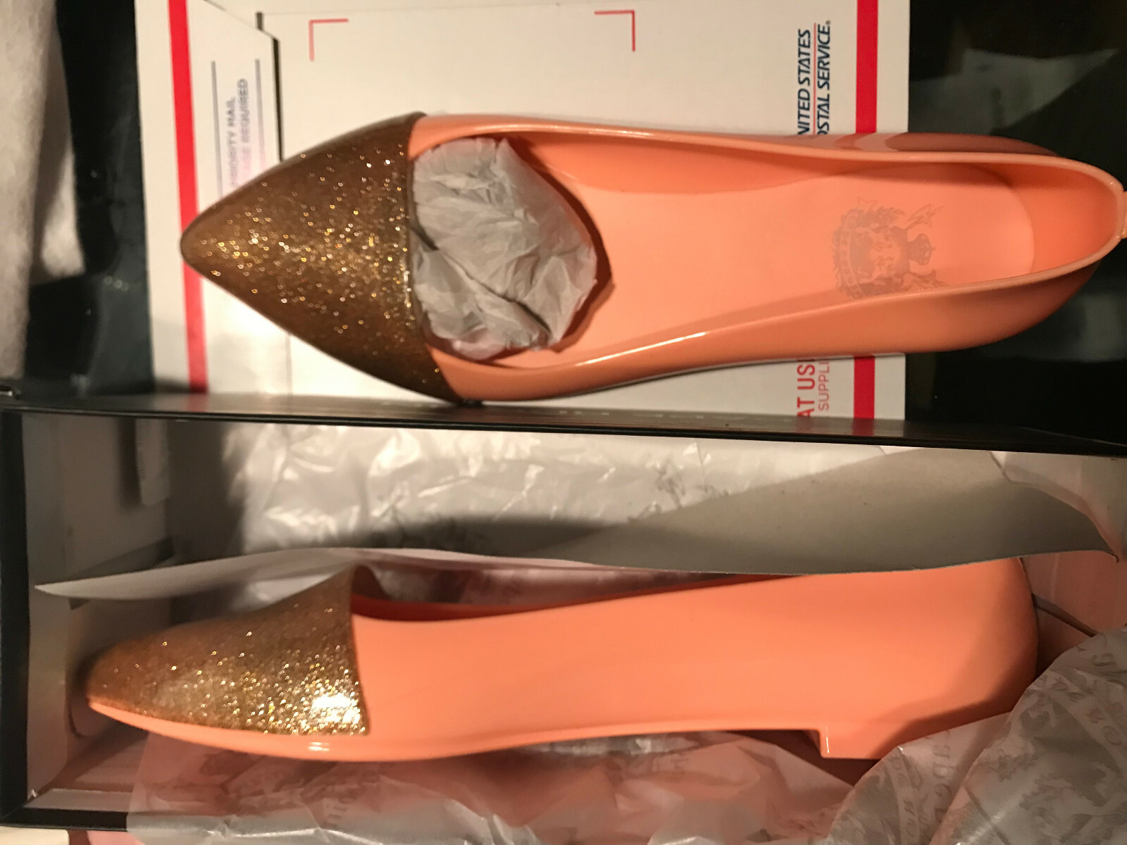 BRAND NEW IN BOX!! SO LOVELY PEACH COLOR GOLD SPARKLY JELLY SHOES!! SZ 7