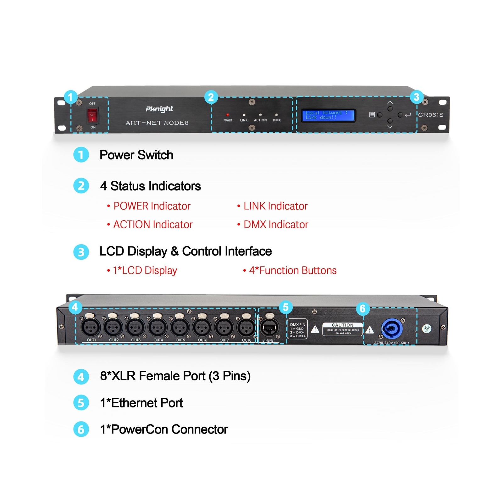 ArtNet DMX Interface, 8-Channel, 19" Rack, 1U Stage Lighting Network Control,...