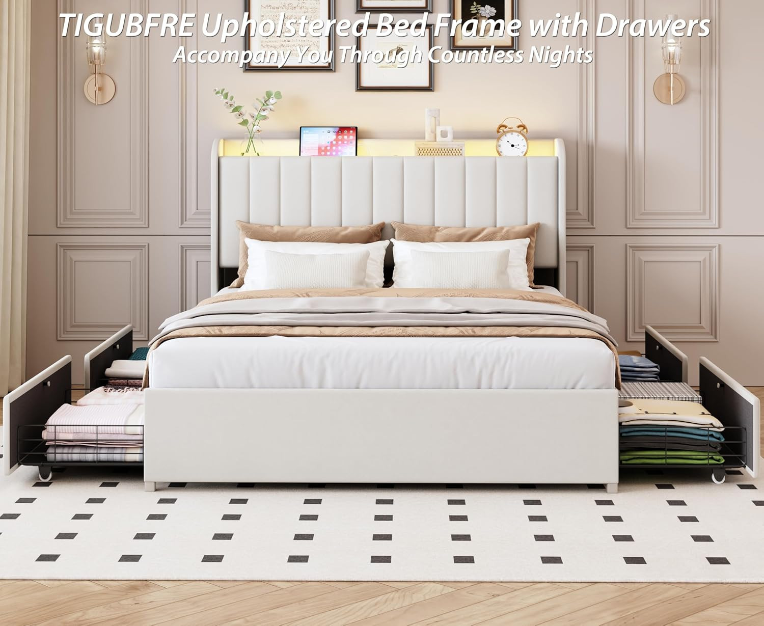 Full Bed Frame with 4 Drawers and Storage Headboard, Upholstered Platform Bed Fr