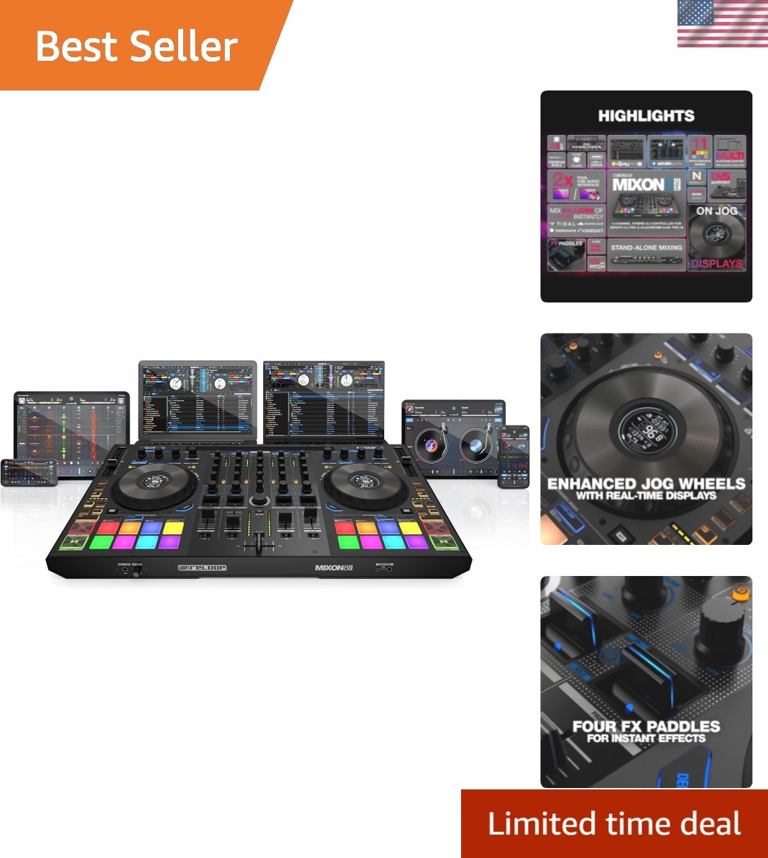 Pro 4-Channel DJ Controller with Enhanced Jog Wheels & Multi-Mode Performance