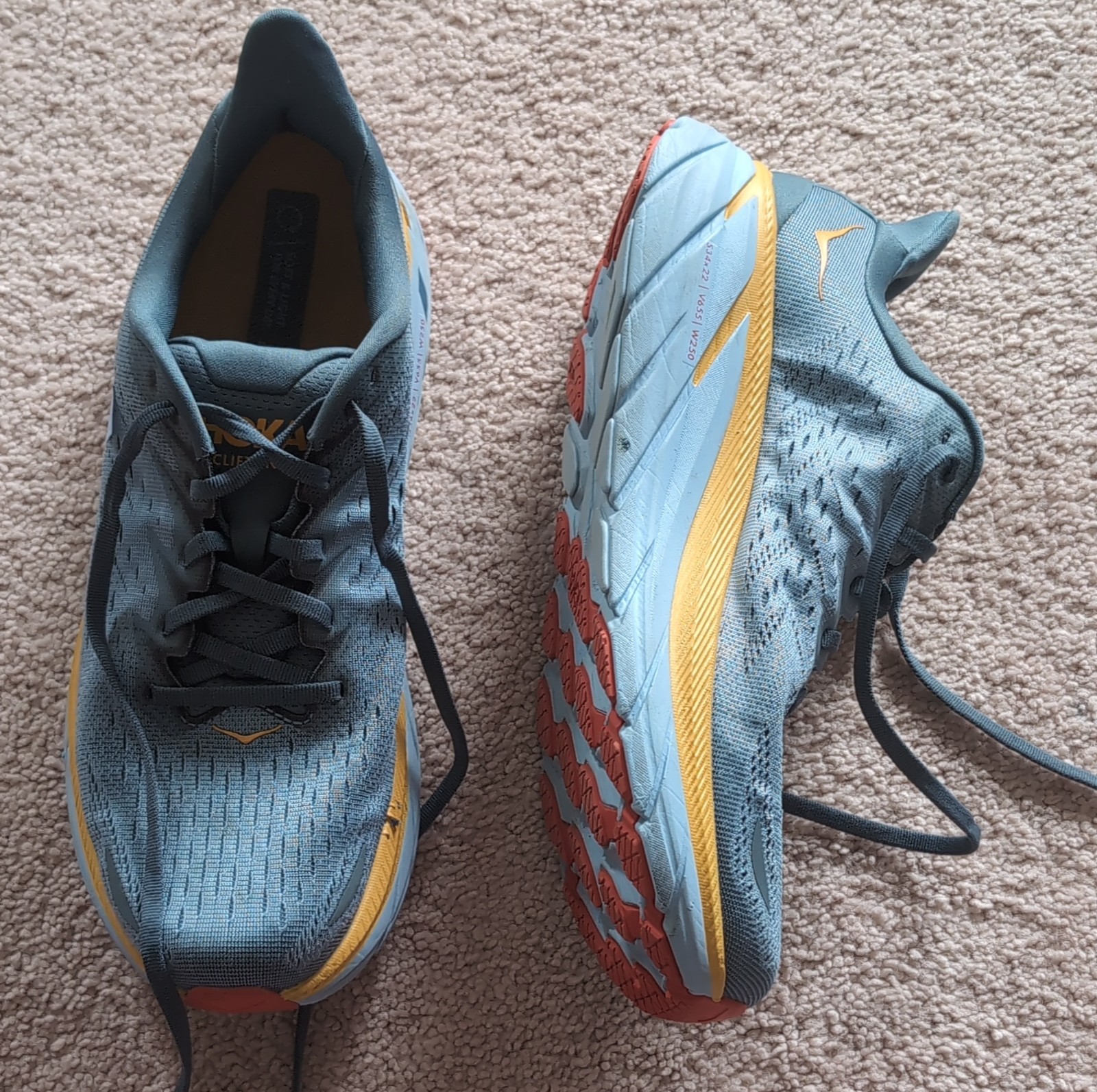 Hoka One One Clifton 8 Men's Running Shoes Gray Yellow Orange Size 10 D