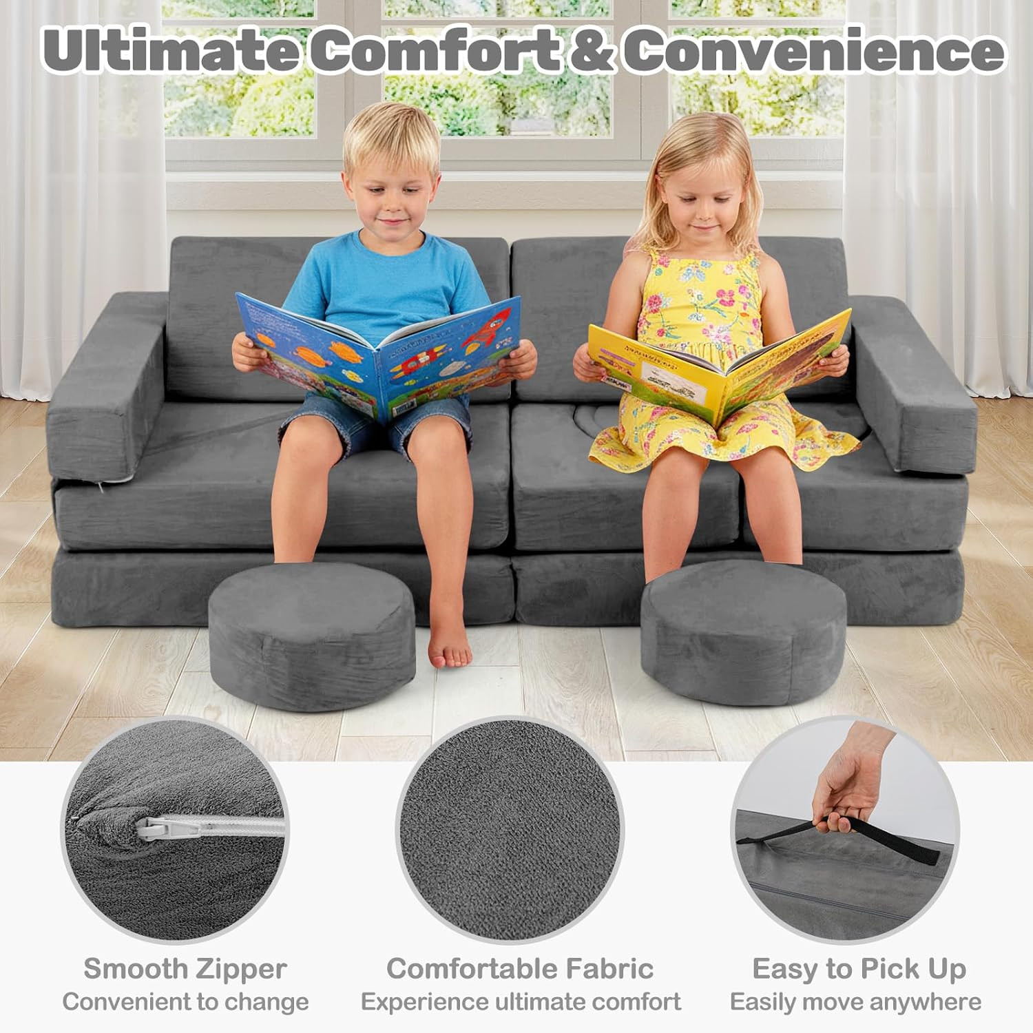 Modular Kids Play Couch - 13 PCS Soft Foam Sofa for Creative Play & Forts (Grey)