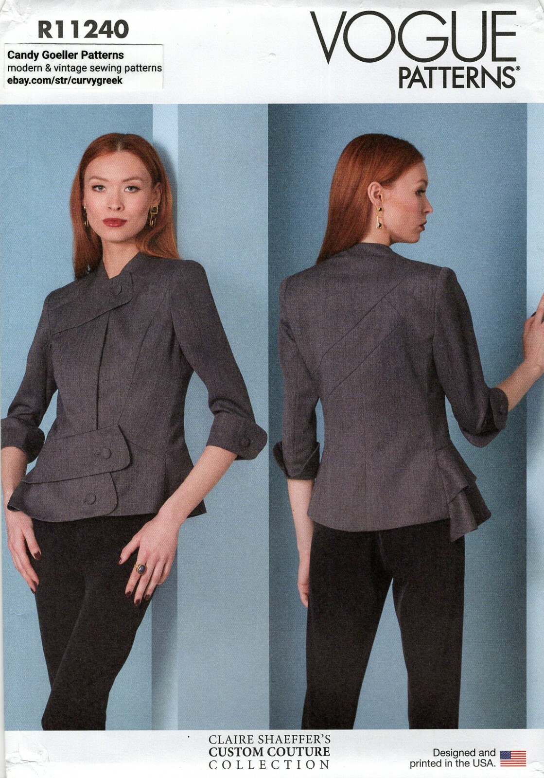 Vogue R11240 Jacket w Asymmetric Peplum, Turn-Back Cuffs Sz 16-24 UNCUT V1839