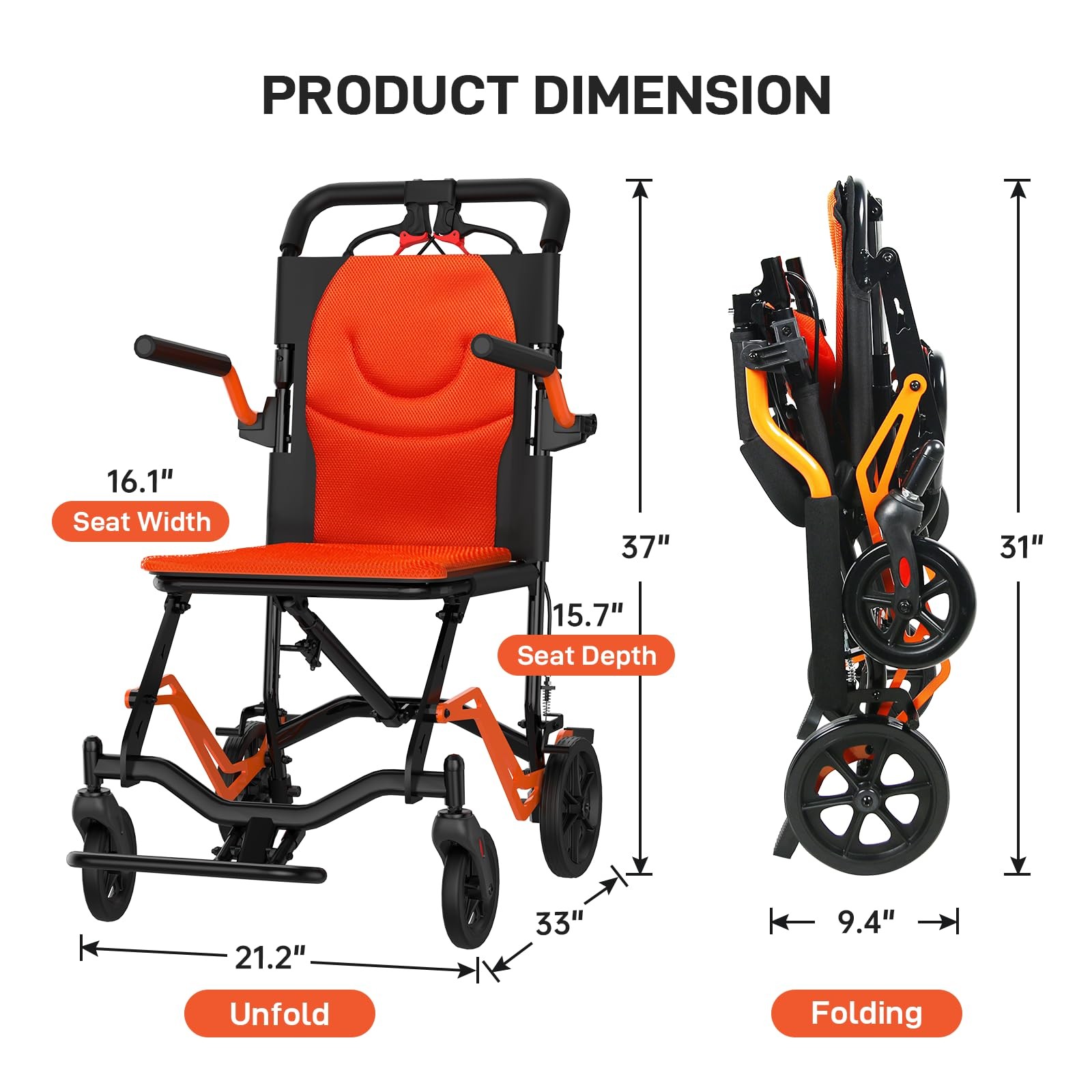 Lightweight Transport Wheelchair for Adults,Foldable Wheelchair 220 lbs Capacity