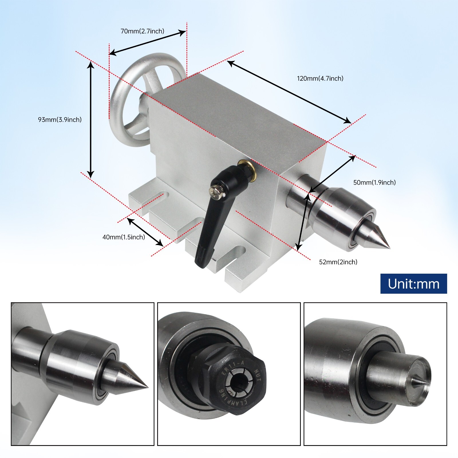 【US】65mm MT2 Lathe Center Tailstock with 4pcs Replaceable Heads For CNC Router