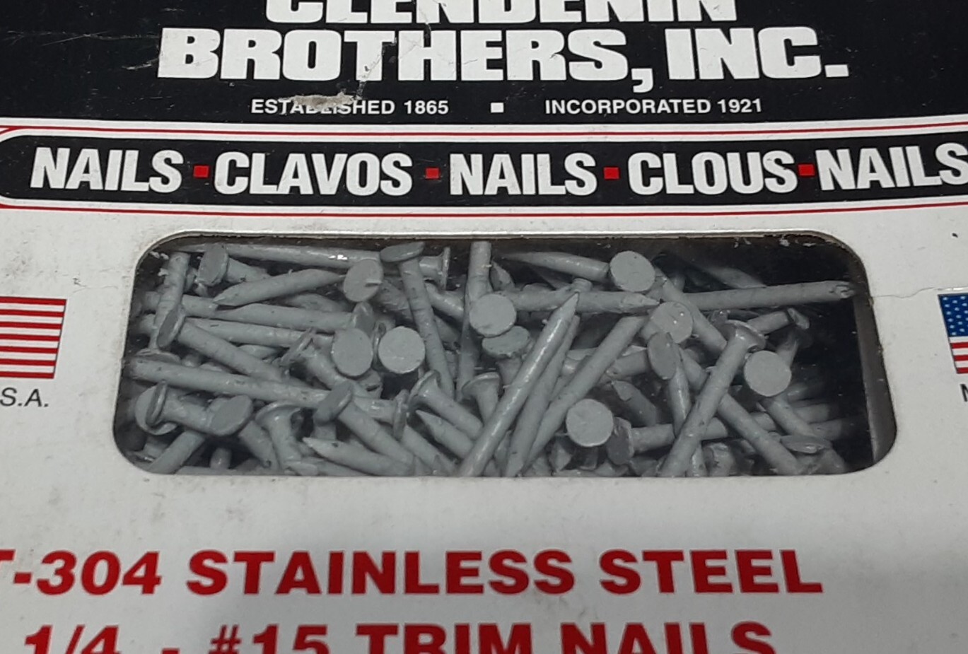 Trim Nails T-304 Clendenin STAINLESS STEEL  1 -1/4" X #15 Gauge USA 1LB