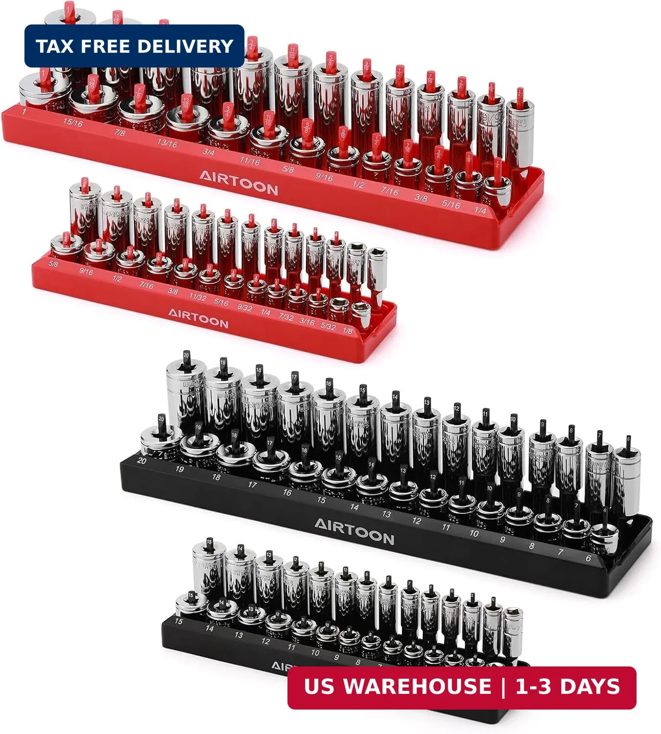 AIRTOON 1/4-Inch & 3/8-Inch Drive Socket Organizer Trays, 4-Piece SAE and Metric