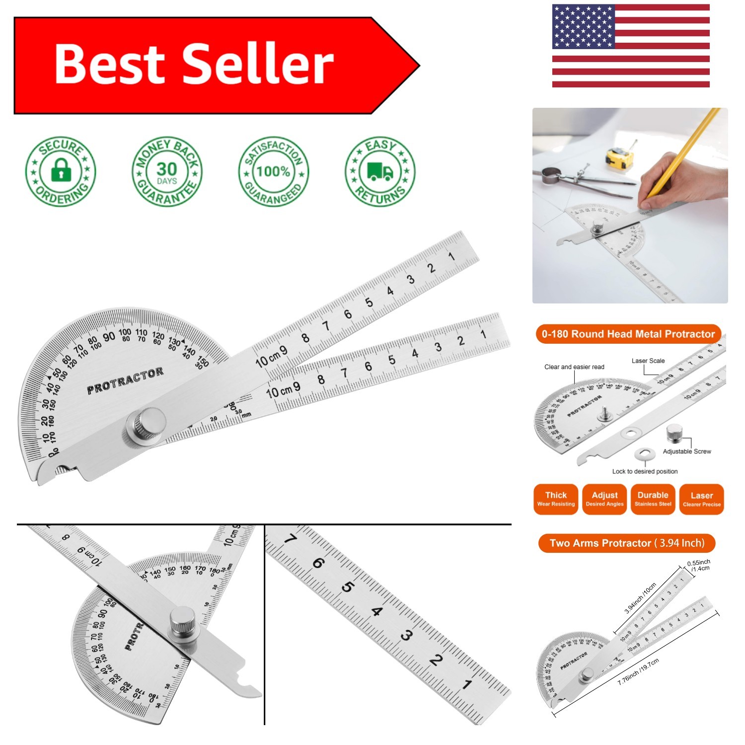 Professional Grade Stainless Steel Angle Protractor Ruler - Ideal for Craftsmen