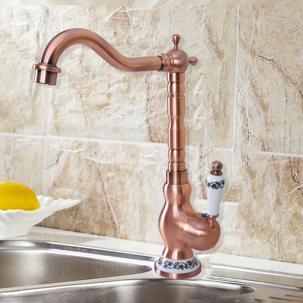 Antique Red Copper Ceramic Kitchen Bathroom Faucet Swivel Mixer Tap hwzh034-4
