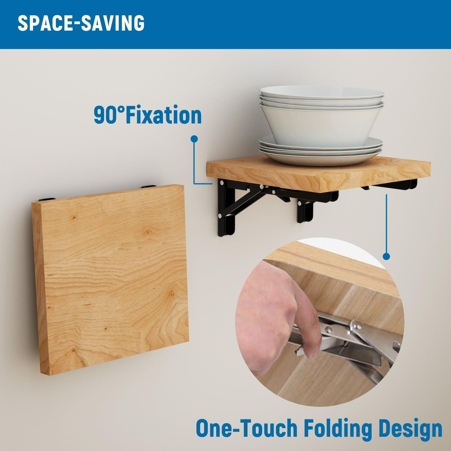 8 Inch Folding Shelf Brackets-2 Pack Foldable Heavy Duty Triangle Collapsible Wa