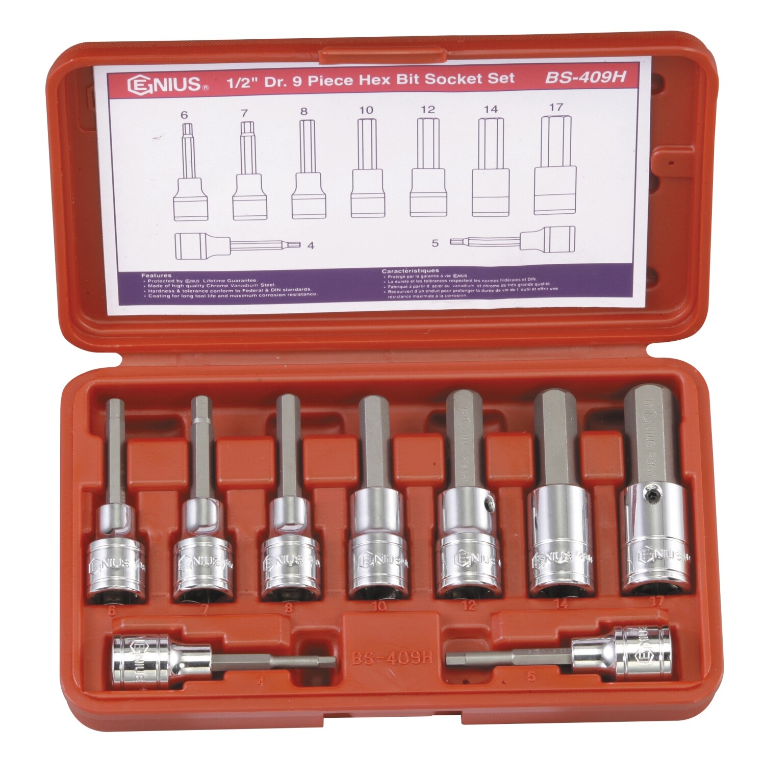Genius Tools 9 Piece 1/2" Dr. Metric Hex Bit Socket Set - BS-409H