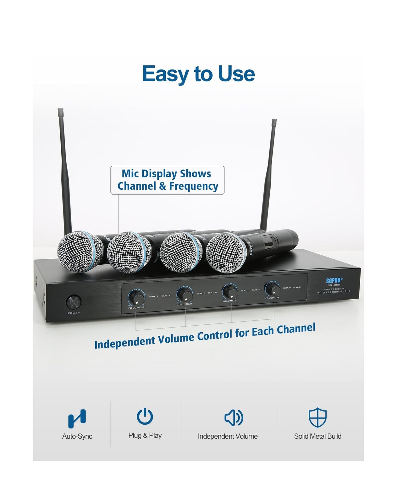 4-Channel Wireless Microphone System - 250Ft Range, Metal Mics & Receiver, Fi...
