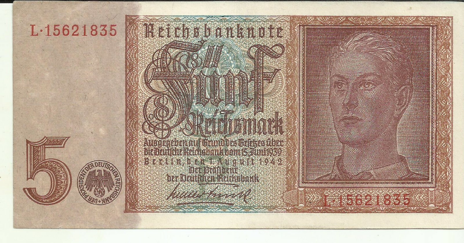 GERMANY 5 REICHMARK 1942  P 186. XF+ CONDITION. 7RW 23OCT
