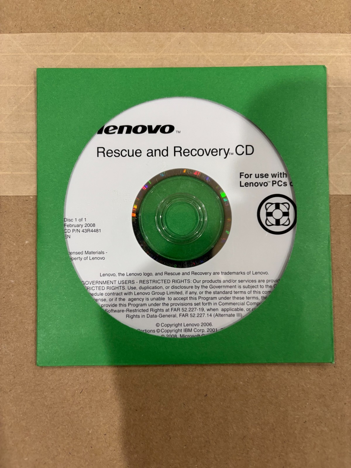 Lenovo rescue recovery cd Feb 2008 43r4481