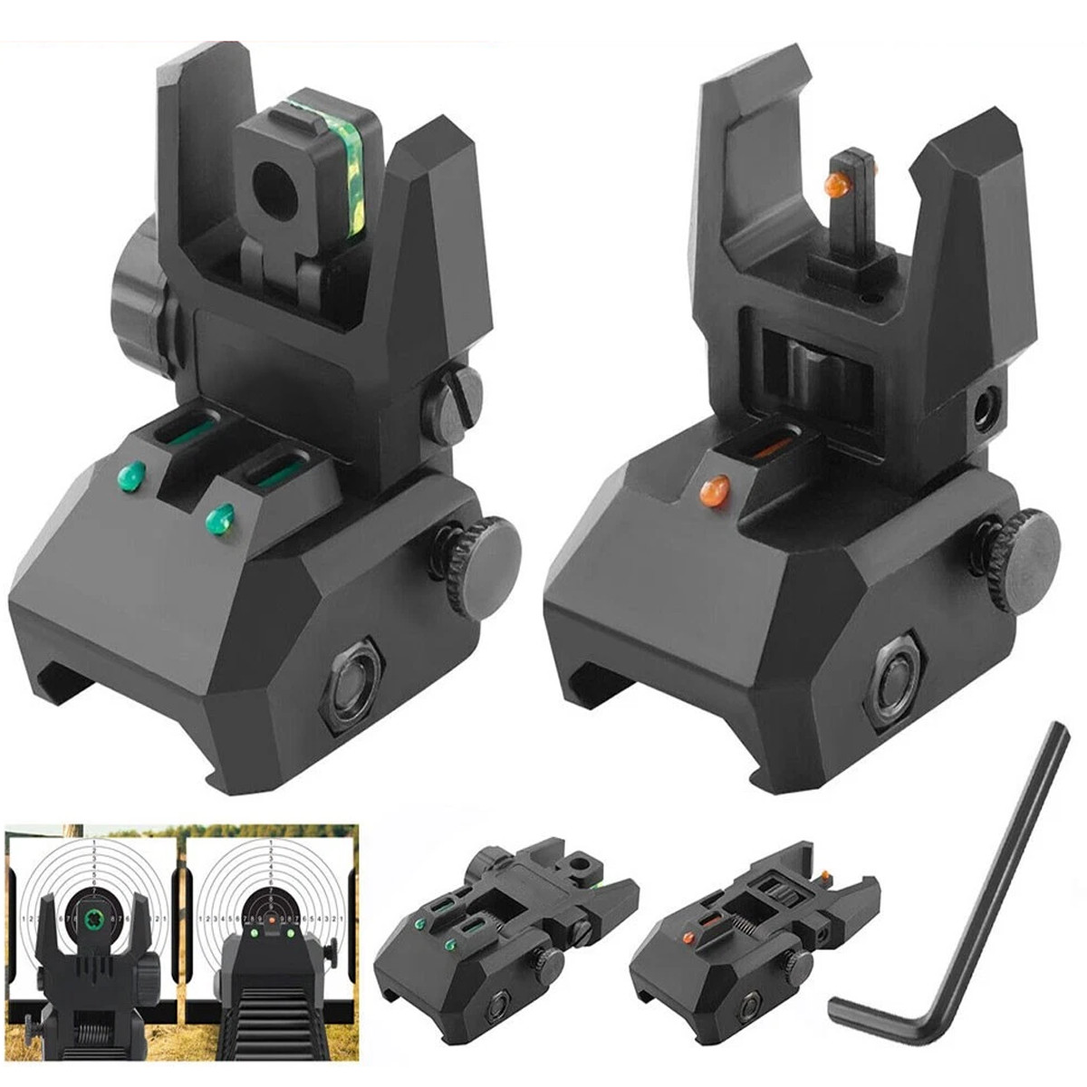 Foldable Iron Sights Flip-up Front and Rear Sight Fiber Optics Dual Aiming Mode